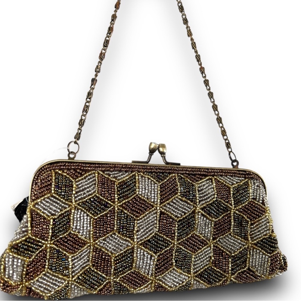 NWT MONI Couture Beaded Olive Green Amber Brown Formal Clutch With Bronze Accent - Picture 15 of 15